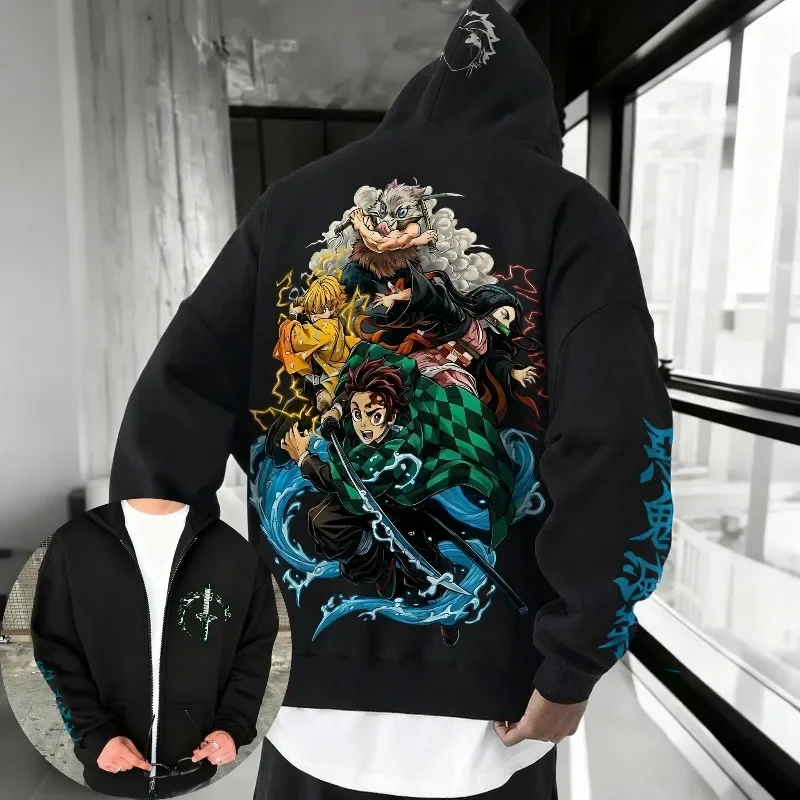 Demon Slayer Anime Painted Pattern Zipper Hoodie Men's and Women's Autumn/Winter New Harajuku Plus Size Casual Loose Y2K Top