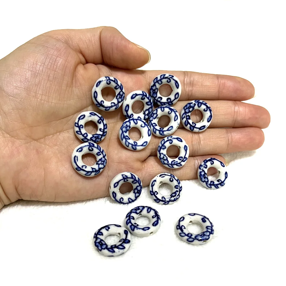 6Pcs/Lot 18MM Ceramic Loose Bead Blue And White Double Hole Nostalgia DIY Bracelet Necklace Earrings For Women Jewelry Making