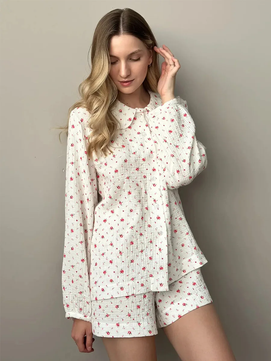 

Muzuleva женский весенний новый хлопковый кардиган с длинными рукавами и шортами с принтом, комплект с детским воротником, пижама, одежда для дома