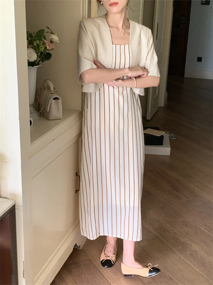 

Alien Kitty Elegant High Street Blazers Women Stripes Long Slip Dress Summer 2023 Office Lady Sets Chic Work Wear Slim Suits