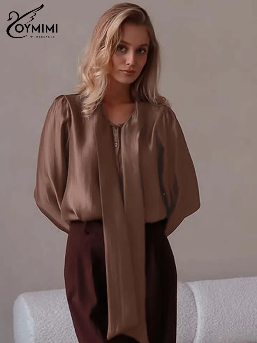 Oymimi Fashion Borwn O-Neck Woman Blouses Elegant Long Sleeve Lace-Up Solid Blouses Autumn Casual Single Breasted Shirts Female