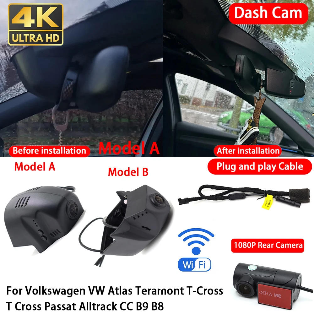 for Volkswagen VW Atlas Teramont T-Cross T Cross Passat Alltrack CC B9 B8 4K Dash Cam Front Rear Car Camera DVR Wifi Plug & Play