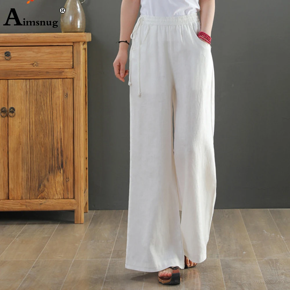 

2022 Summer Cotton Linen Pants Women Fashion Straight Leg Pants Oversize Women's Casual All-matched Loose Elastic Waist Trousers