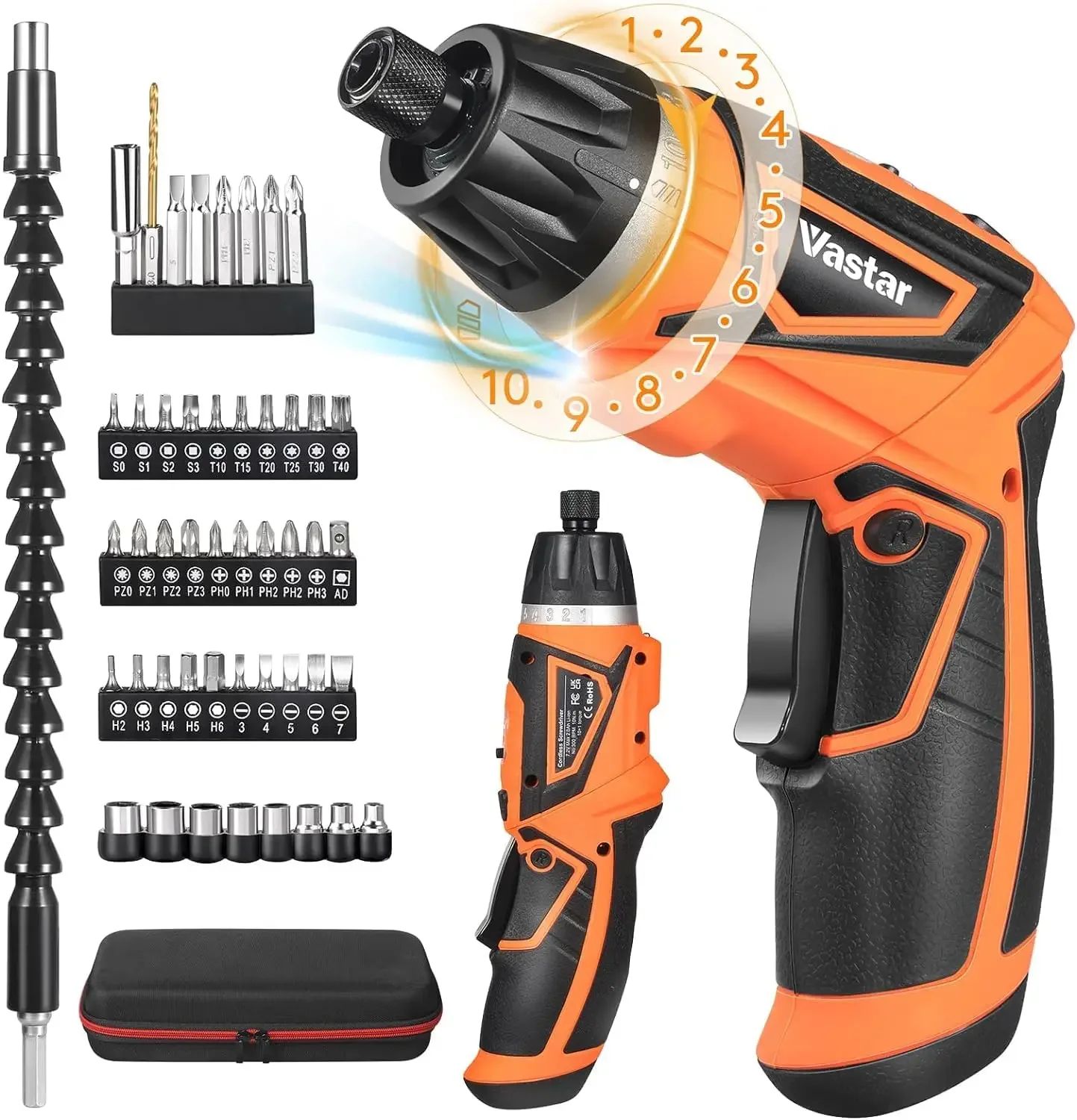 

7.2V Cordless Electric Power Screwdriver Set with Rechargeable Battery & Pivoting Handle 320RPM/10+1 Torque, Small