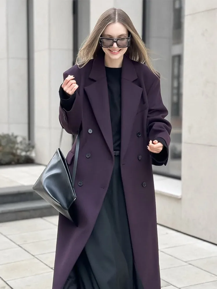 Fashion Double-breasted Women Blazer Overcoat Elegant Shoulder Padded Lapel Long Sleeve Jackets Female High Street Pockets Coats