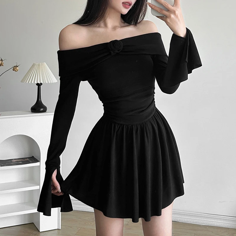 OMSJ-Robe courte plissée dos nu à manches longues, décoration florale 3D, noir uni, col slash, style sexy élégant, nouveau, 03/Wear