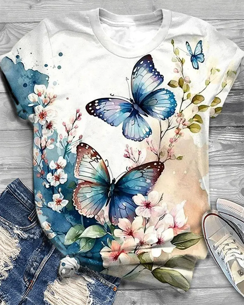 Butterfly Dragonfly Pattern 3D Print T-Shirts Women's Short Sleeves T Shirt Streetwear Y2k Harajuku Tees Tops Female Clothing