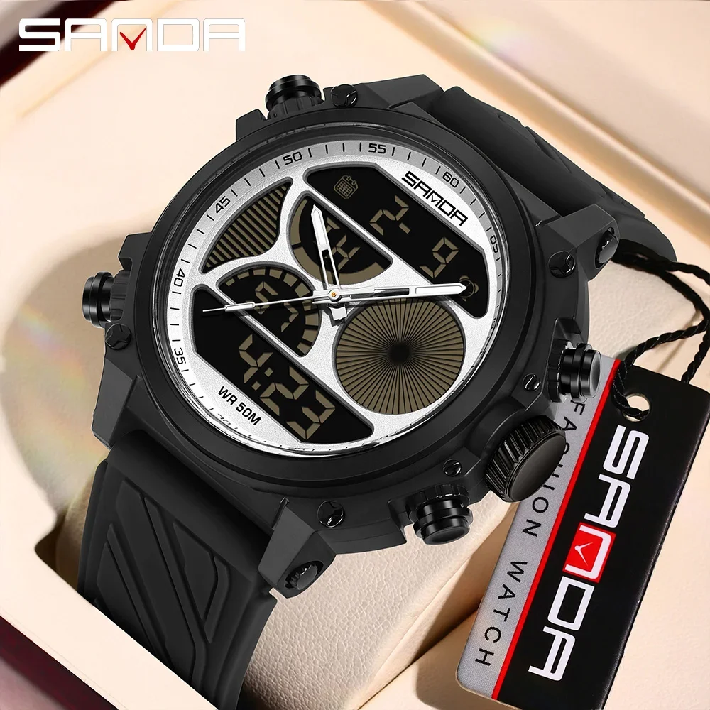 SANDA 6236 Men's Electronic Watch Sport Fashion Large Dial Dual Screen Multi functional Waterproof Men's Electronic Watch