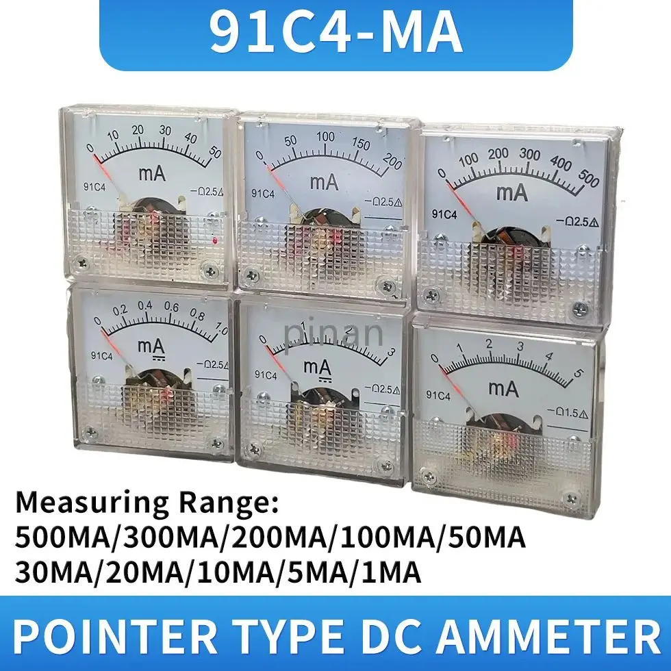 91C4- mA DC Ponteiro tipo miliamperímetro 1mA 5mA 10mA 50mA 100mA 200mA 300mA 500mA Analógico Mecânica Placa tabela Amperímetro