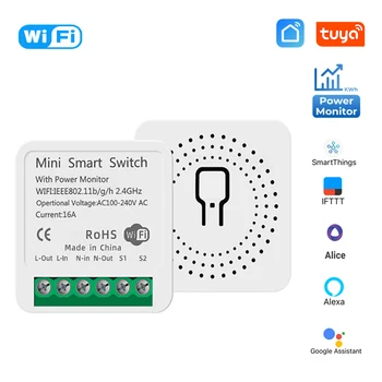 Mini interruptor inteligente Tuya, Wifi, 2 vías, inalámbrico, 16A, Monitor de alimentación, Control de casa inteligente a través de Smart Life, Alexa, Alice, Google Home