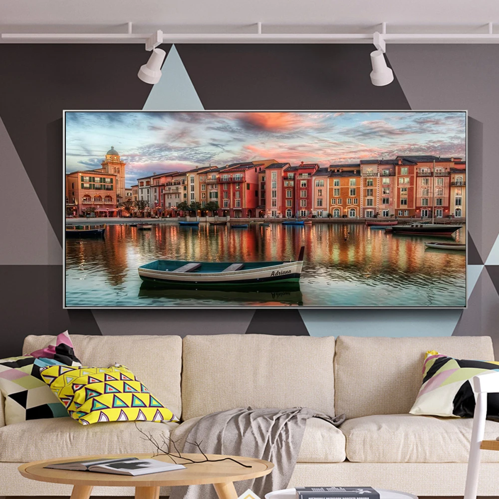 

Portofino Italy Cityscape Canvas Painting Wall Art Blue And White Boat on Water Near Building Landscape Poster Prints Home Decor