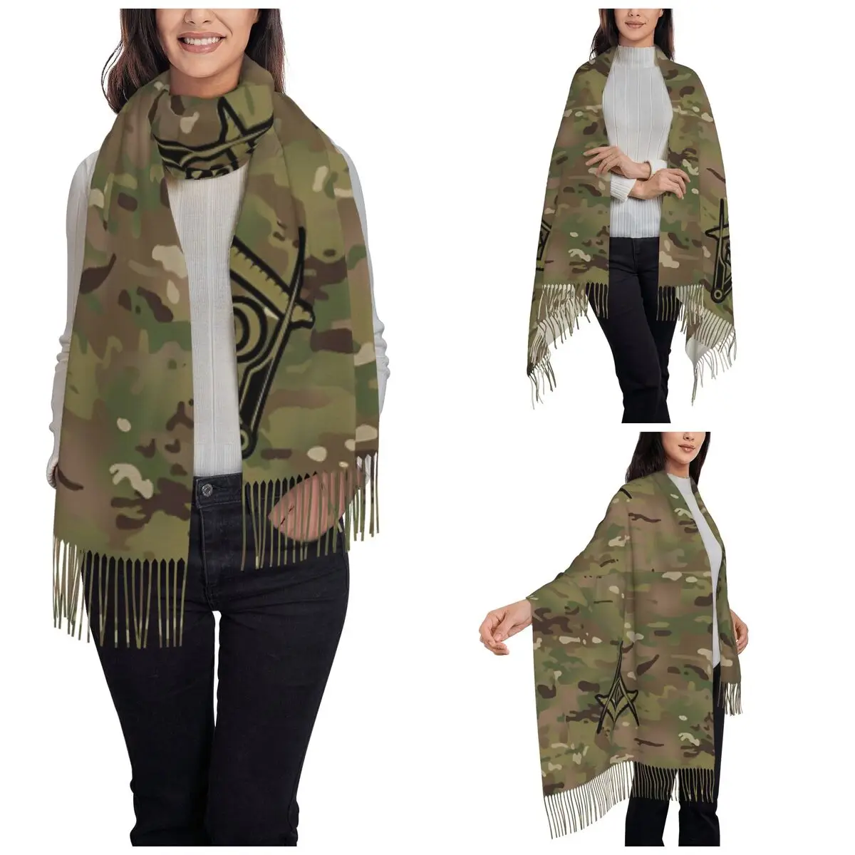 Womens Tassel Scarf Military Square Compass Masonic Freemason Large Winter Warm Shawl Wrap Daily Wear Cashmere Scarf