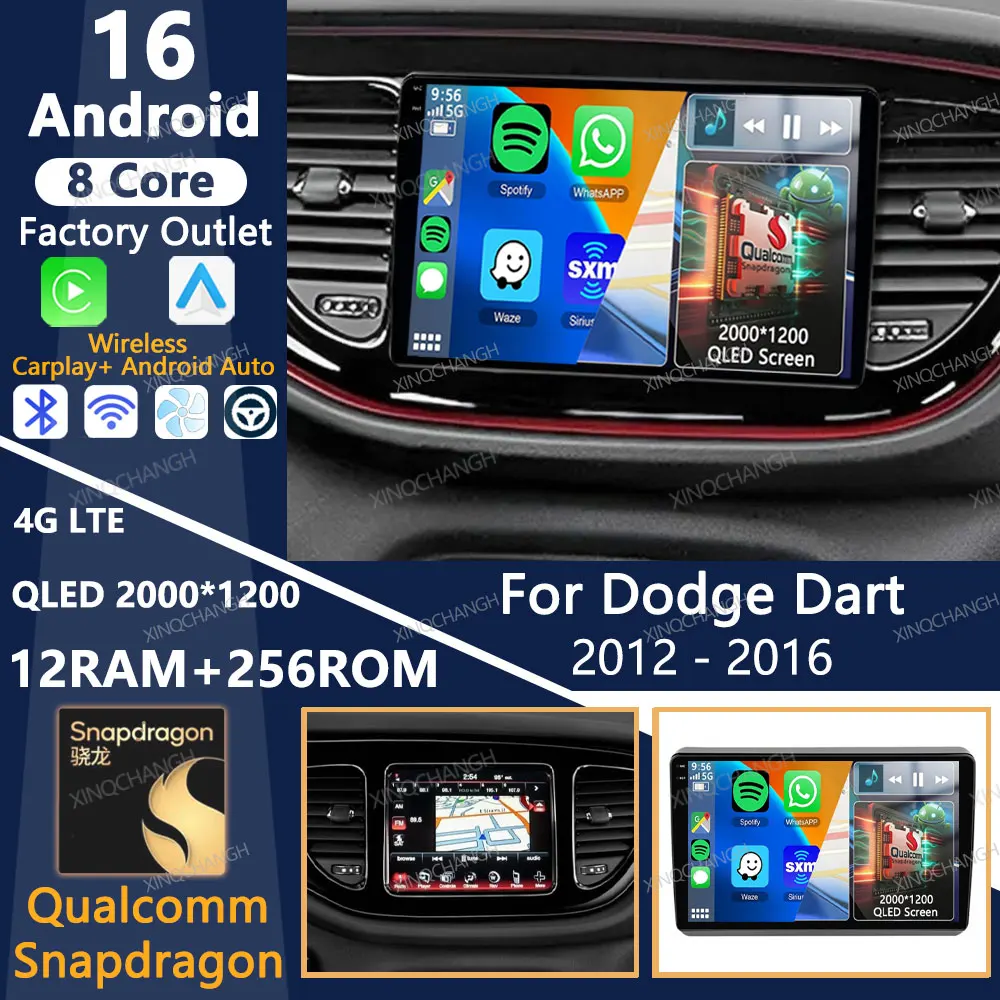 Radio para Auto Android 16 para Dodge Dart 2012-2016, Carplay, Auto BT, Reproductor Multimedia Estéreo, Reproductor de Video, 4G LTE, 5G WIFI, Unidad Principal Qualcomm