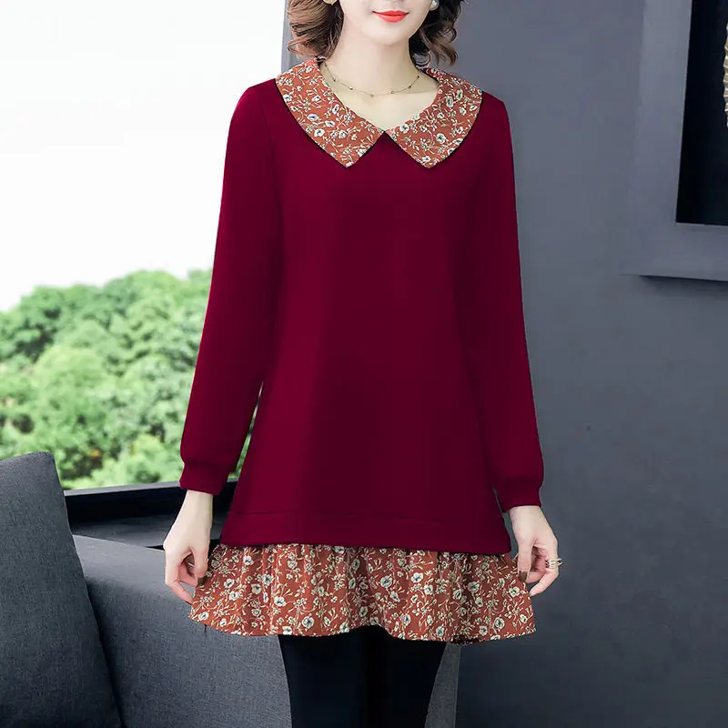 Women\'s Peter Pan Collar Pullover Patchwork Midi T-shirt Autumn Winter Folk Fashion Solid Color Long Sleeve Printed Loose Tops