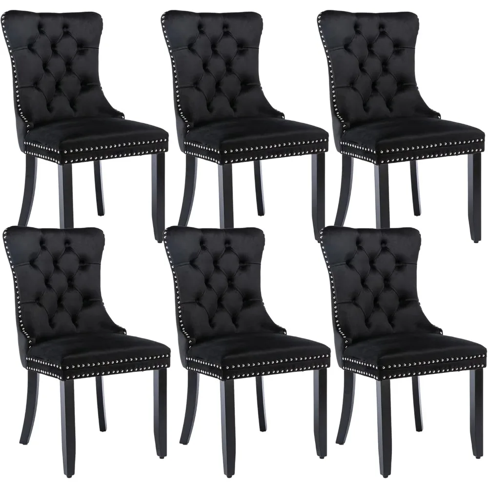 Black Dining Chairs Set of 6, Upholstered Velvet Dining Room Chairs with Back Ring Pull Trim and Solid Wood Legs