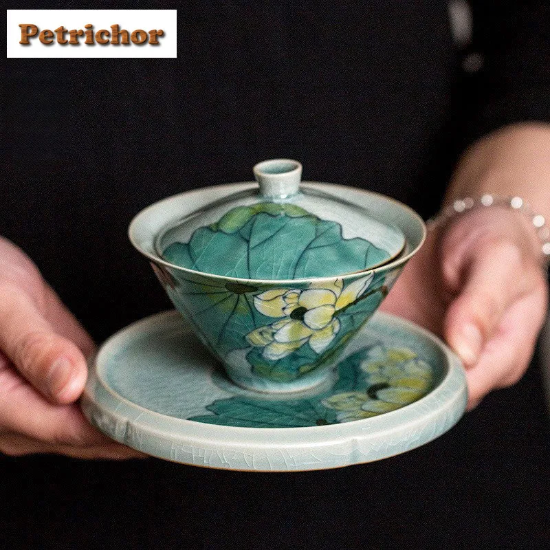 

125ml Hand Drawn Ice Cracked Lotus Bamboo Hat Gaiwan Zen Tea Tureen Tea Bowl With Lid Kit Tea Maker Cover Bowl Tea Items Craft