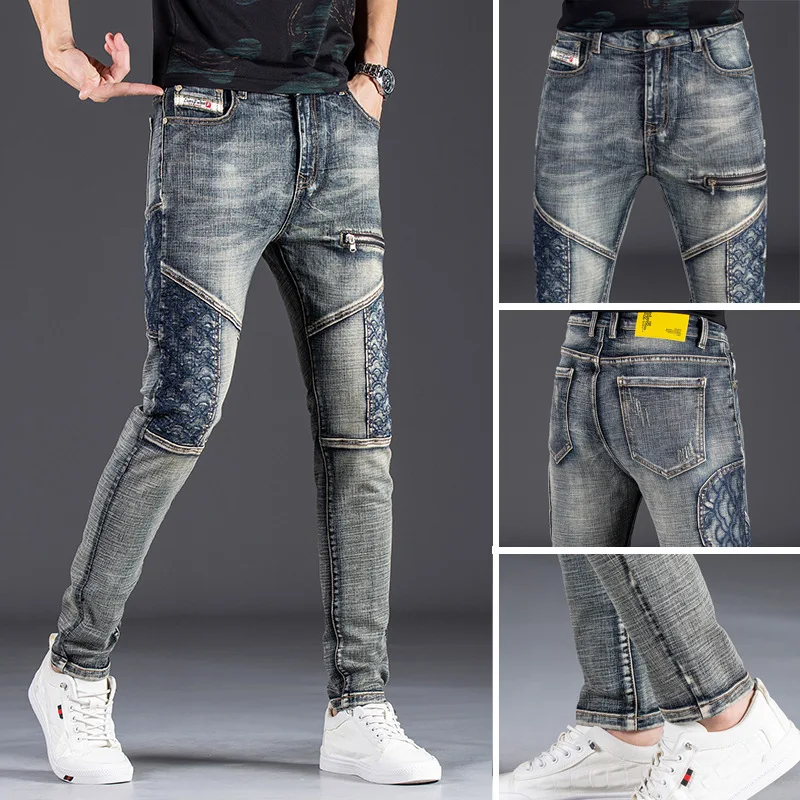 

Men's Slim Fit Embroidered Jeans Motorcycle Sle Small Footprint Casual mid Waist Zipper Straight Leg Stand Edition