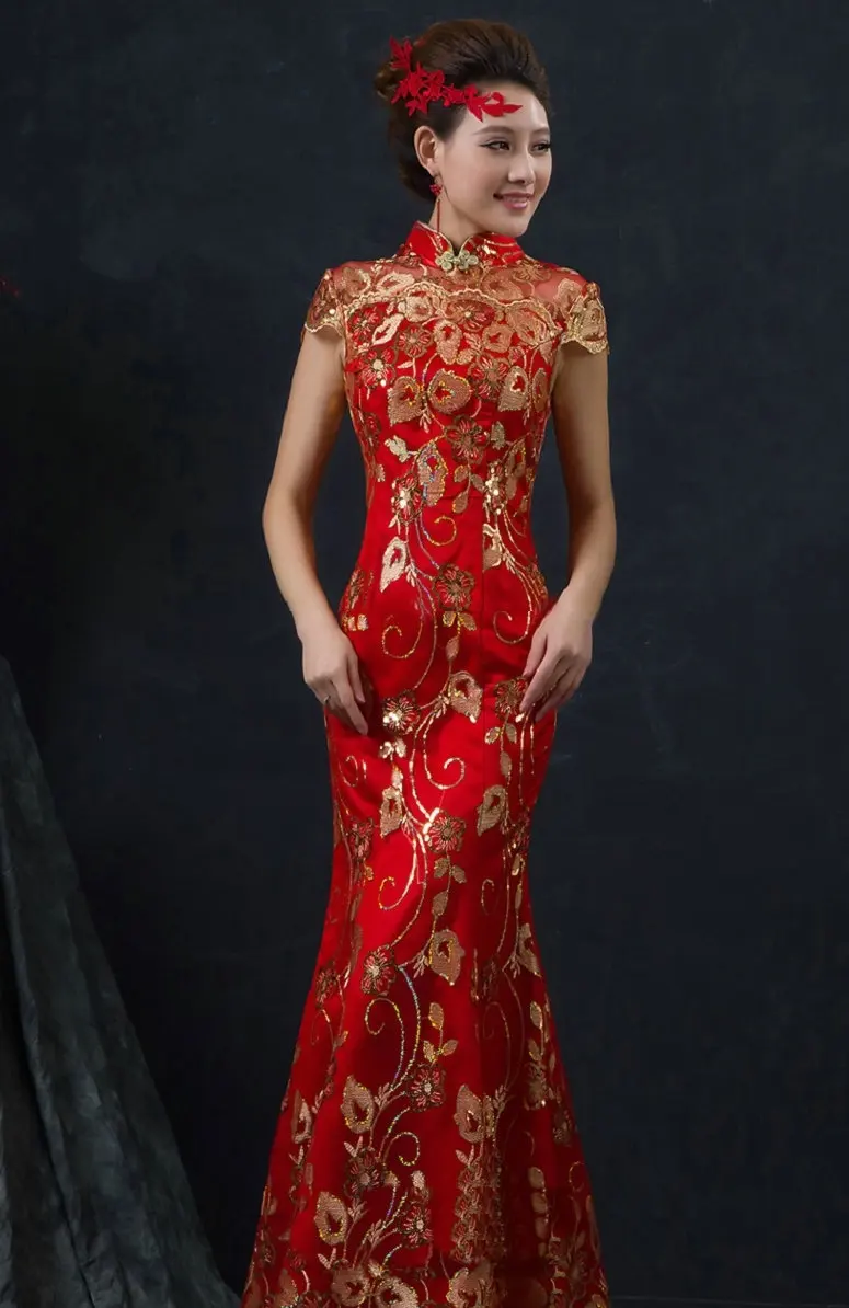 Rode Chinese Trouwjurk Vrouwelijke Lange Korte Mouw Cheongsam Goud Slanke Chinese Traditionele Jurk Vrouwen Qipao Voor Wedding Party