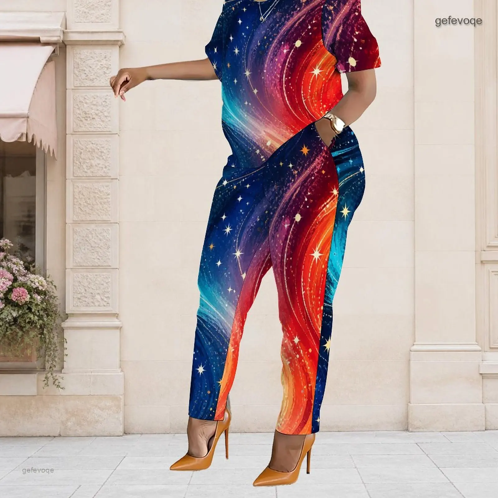 Summer Graphic Print Plus Size Sets Women O Neck Cosmic Plus Size Clothes Womens Clothing For Party Casual Outing Ocn