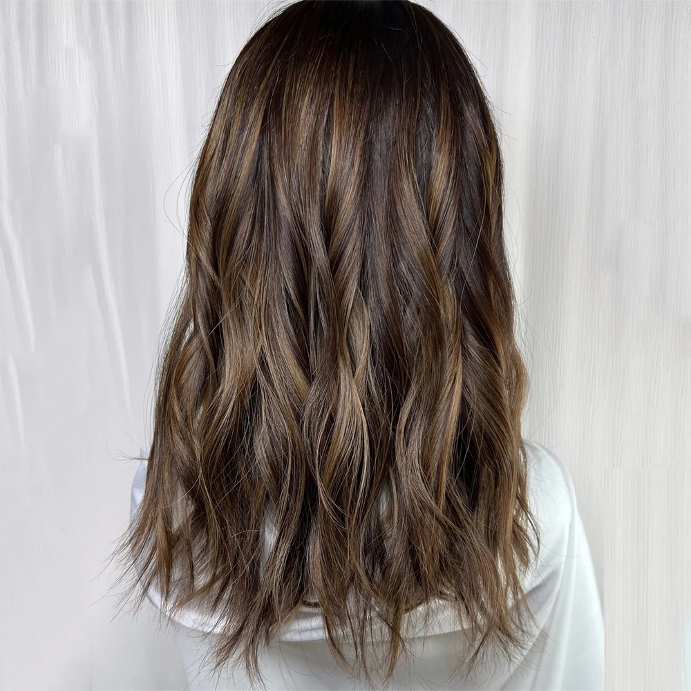 Верхний парик с естественной волной Коричневый смешанный блондин с бликами Парик фронта шнурка Бесклеевой Легко носить высококачественные женские парики из синтетического волокна