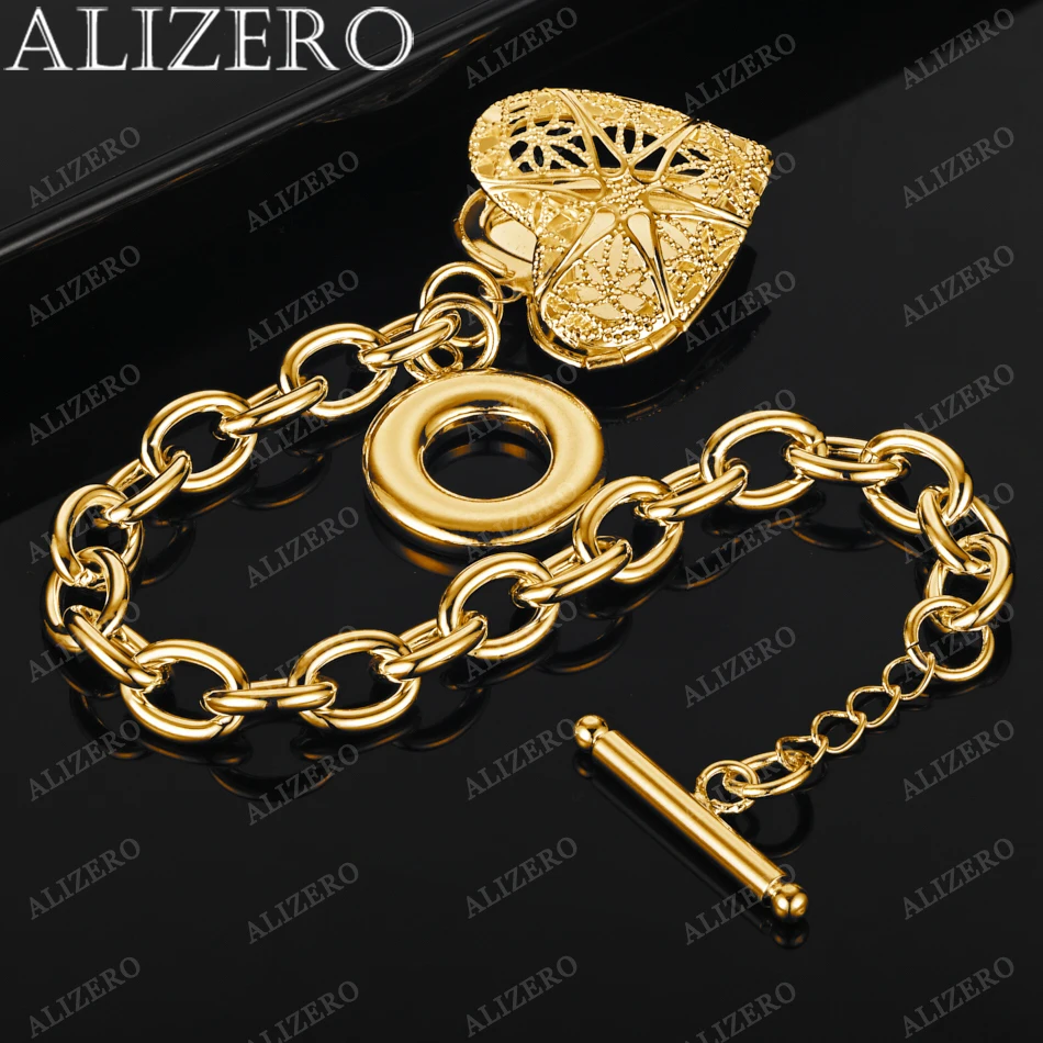 

ALIZERO 925 Sterling Silver 18K Gold Plated TO Buckle Chain Hollow Pattern Heart Photo Frame Charm Bracelet For Women Jewelry