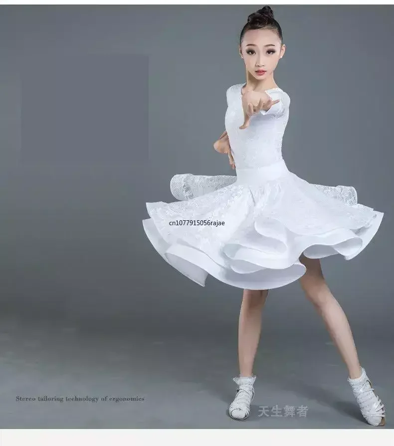 Vestido de baile latino para niños, tutú de salón para niña, diseño de encaje blanco y negro, ropa de escenario, disfraz de baile de Salsa y Samba, 130-160CM