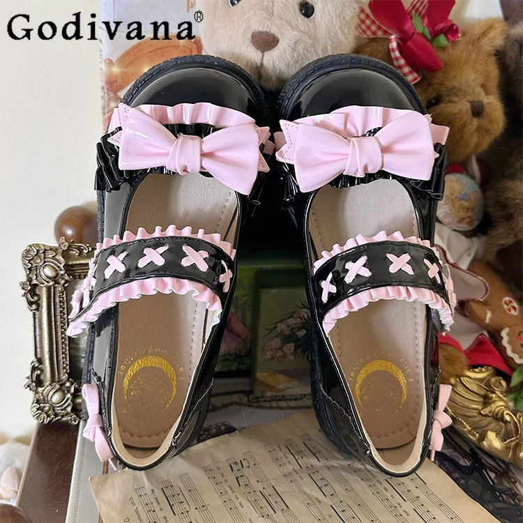 

Student Kawaii Lo Mary Jane Shoes Women's Sweet Cute Learn Bow Velcro Lolita Flat Shoes College Style Round Head Pumps Spring