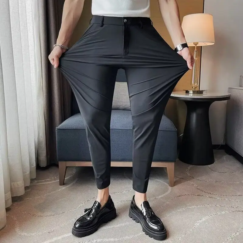 High-end Ice Silk Seamless Suit Men's Korean Slim-fit Business Small Foot Non-ironing Thin Joggers Harajuku Harem Pants Men