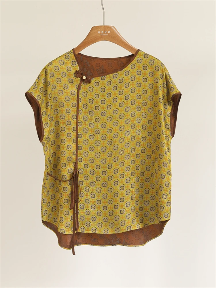 

Новая женская рубашка в китайском стиле из шелка сянъюнь, свободного кроя, с коротким рукавом, круглым вырезом, вышивкой традиционным узором, на пуговицах