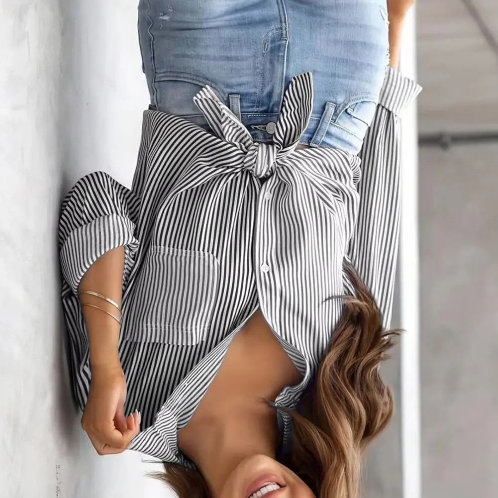 

2025 Patch Pocket Loose Fit Stretchy Blouses Shirt Non-see-through Striped Tee Lapel Long Sleeve Single Breasted Shirt Tops