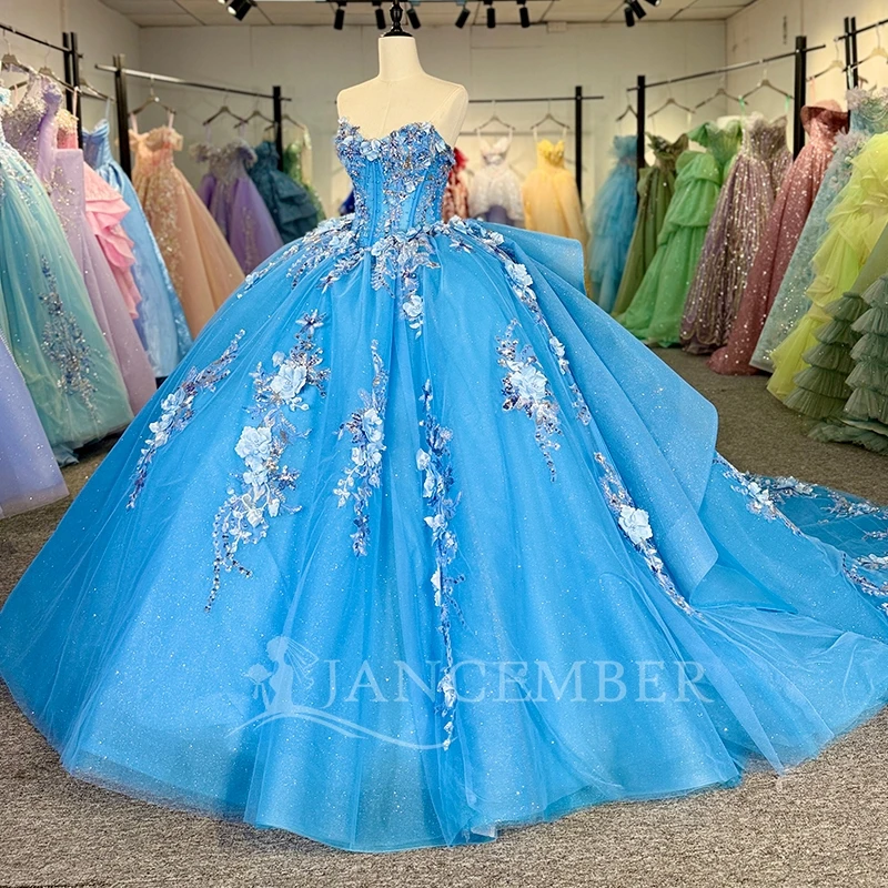 

Синее блестящее бальное платье Quinceanera Платья с открытыми плечами Аппликация Цветочные бусины Тюлевое платье для вечеринки, дня рождения Sweet 16, Vestidos 15