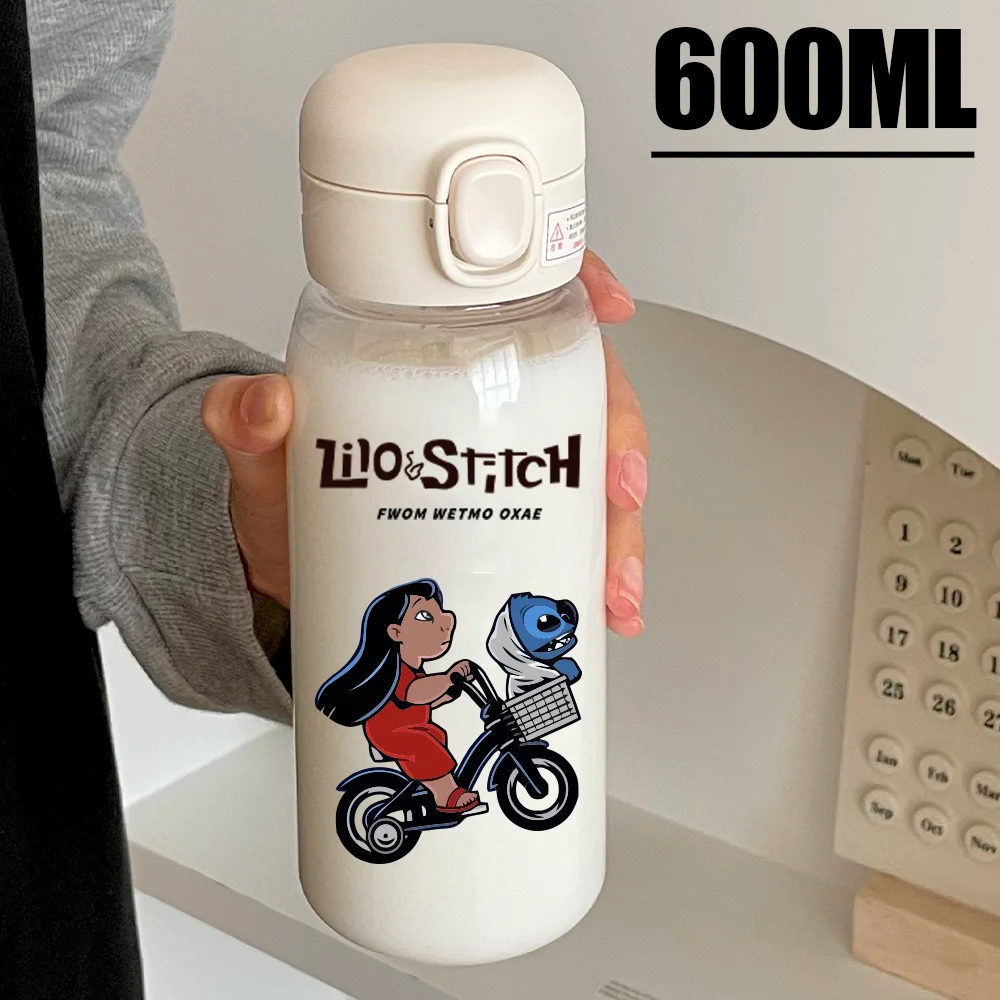 600ML Lilo Stitch Water Cup Stitch Angel Large Capacity Portable Transparent PcLeak Resistant Plastic Drinking Water Bottle