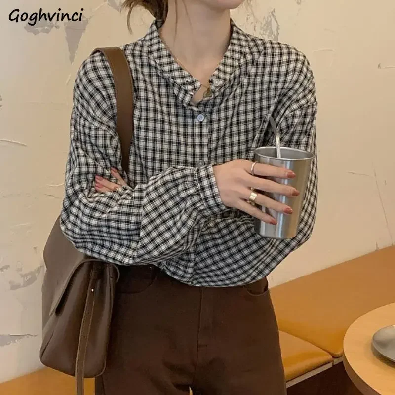 

Basic Vintage Plaid Shirts Women Simple Loose BF Harajuku Y2k Leisure Cozy Elegant All-match Streetwear Tops Chic Trendy Ulzzang