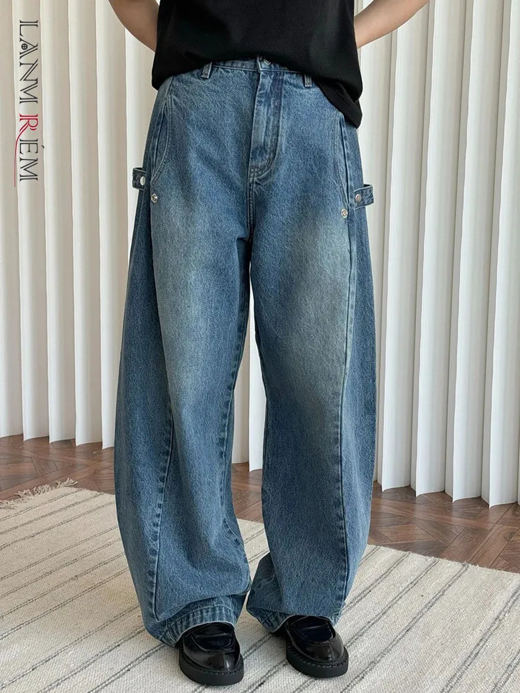 

[LANMREM] Washed High Waist Jeans Women's Straight Wide Leg Denim Pants Streetwear Loose Trousers Female 2025 Spring New 26C1541