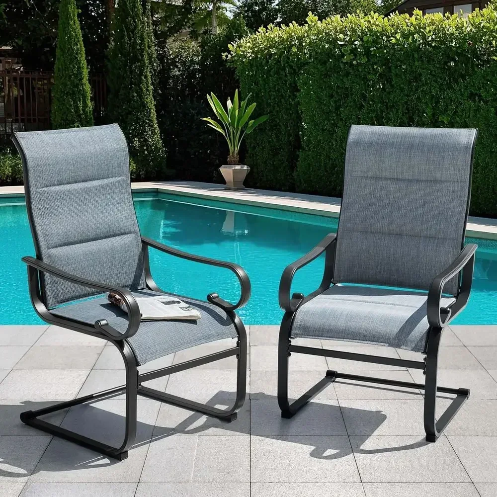 2 Padded Textilene Patio Dining Chairs - Spring Outdoor Chairs with Curved Armrests, Powder Coated Metal for Patio, Garden, Back