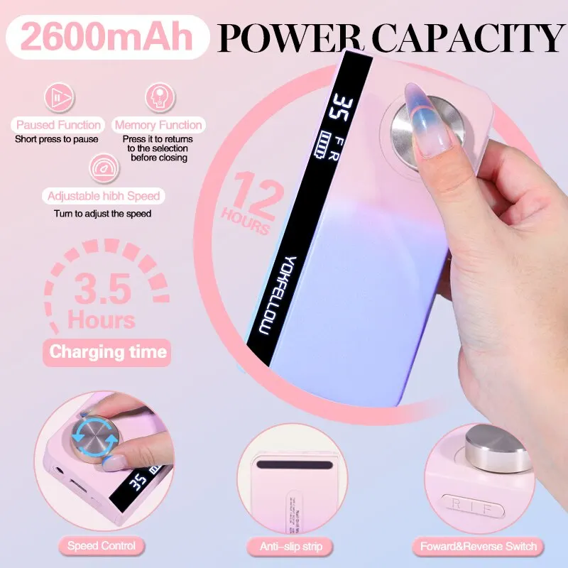 Máquina elétrica profissional de manicure, 35000rpm, com modo de pausa, lixadeira elétrica para unhas em gel acrílico