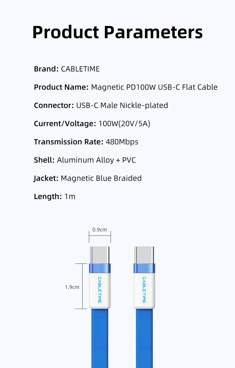 CABLETIME USB-C Kabel Magnetisches Typ-C Kabel PD100W 480Mbps Flachkabel Hochgeschwindigkeitsübertragung für HUAWEI Xiaomi iPhone 17/16 C-Kabel – Detail 33