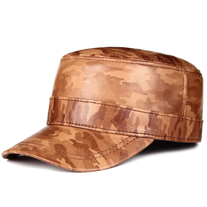 autumn-winter-genuine-leather-caps-for-men-sheepskin-warm-military-hats-flat-cap-sealed-retro-camouflage-leather-hat-women's-hat
