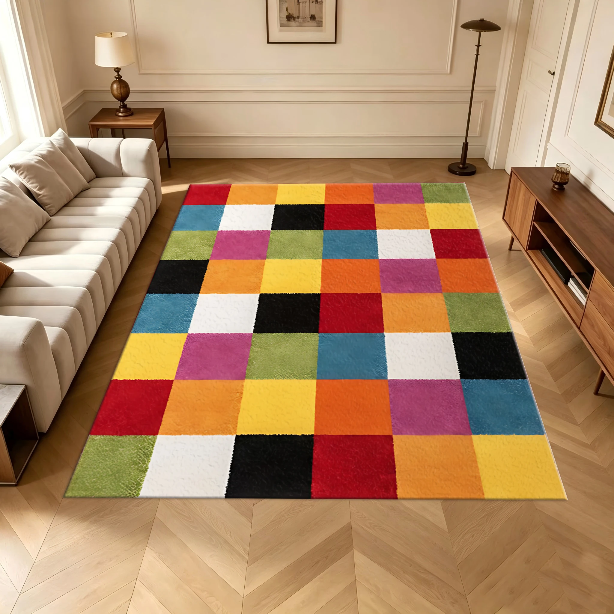 Colorful Checkered Square Carpet Flooring Bright Multicolor Art Area Rug Soft Floor Mat for Bedroom Playroom Home Ornament