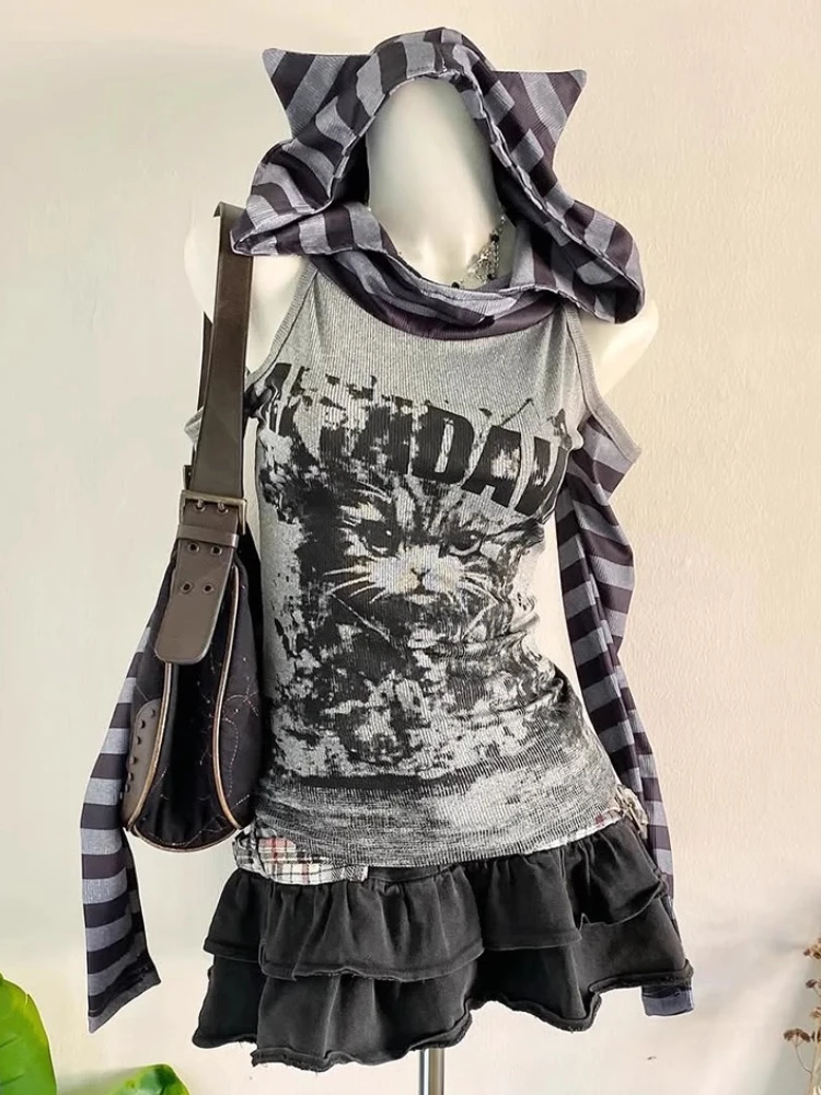 Harajuku Strip Patchwork Hollow Out Hoodie Tops Women Gothic Vintage Cat Print Y2k T-shirt Fashion Long Sleeves Cute Streetwear