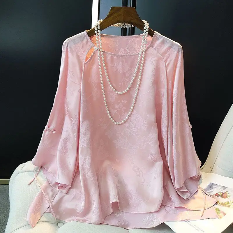 Pink Printed Top Women New Chinese Style Button Round Neck Simulated Silk Shirt