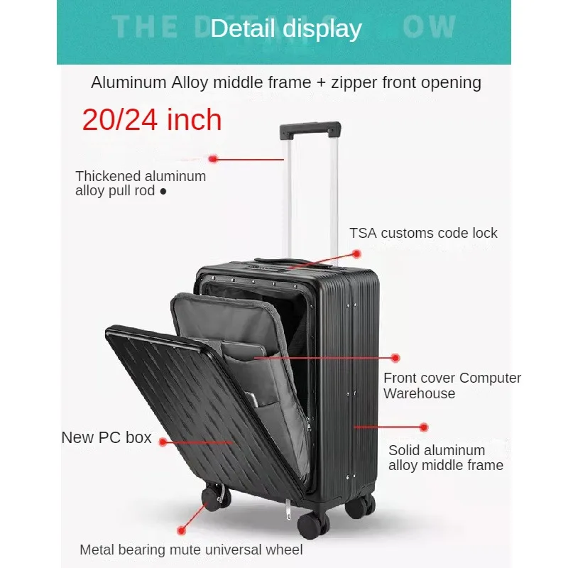 New Aluminum Frame Luggage 20-Inch Men's and Women's Trolley Case Boarding Bag Business Password Front Fastening Travel Suitcase