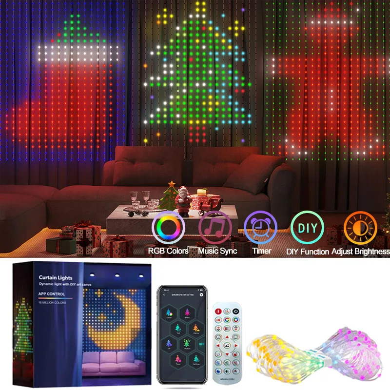1/2/4Pcs Smart Curtain Fairy Lights 400LED Programmable DIY Christmas String Light with Remote & App Control Color Changing
