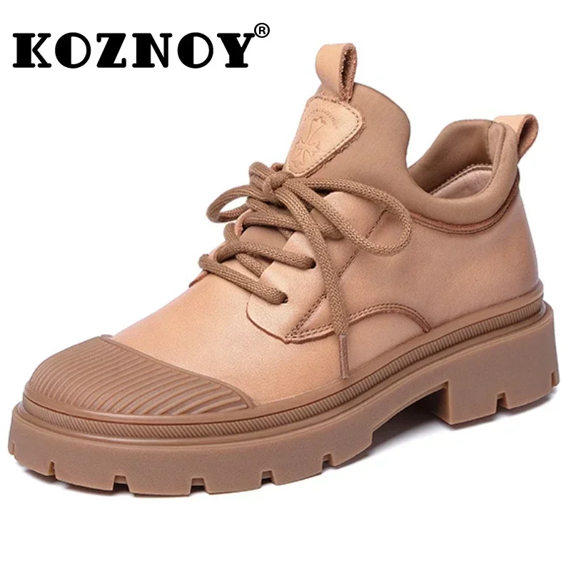 Koznoy Genuine Brand Women Shoes 3.5cm 2023 Cow Vulcanize Loafer High Comfy Platform Flats Big Toe Fashion Leather Sneaker Comfy