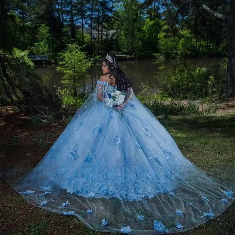 

Небесно-голубое бальное платье принцессы Quinceanera со съемной накидкой и 3D-аппликацией из бисера Sweet 16, платье Vestidos De 15 Años Lace-U