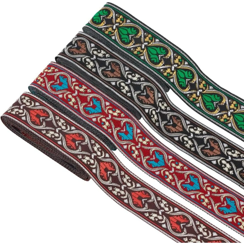 4 Rolls Embroidery Jacquard Trim 15.3 Yard 33mm Green Coconut Brown Black FireBrick Vintage Jacquard Ribbon Trim Ethnic Style