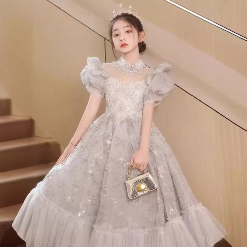 2024 Luxury Girl Children\'s Long Dress Elegant Noble Puff Sleeves Ball Gown for Children Kids Formal Evening Party Teen Costume