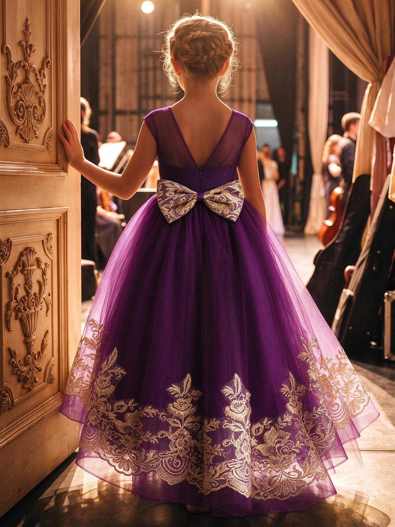 Elegant Purple Tulle Girl Princess Dress, Sleeveless Gold Embroidered Bodice, Full Swing Skirt, Flower Girl & Piano Recital Gown