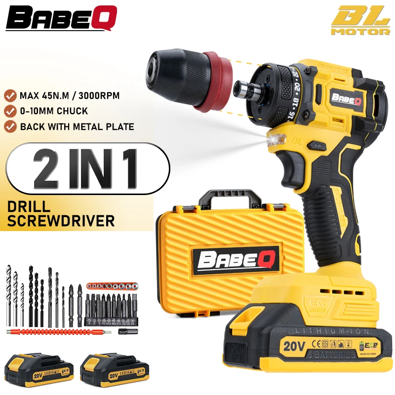 BABEQ 10mm Brushless Electric Drill Screwdriver Rechargeable Multi-function 24+2 Gear Cordless Electric Drill Screw Power Tools