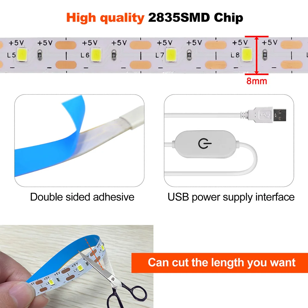 Imagem -05 - Usb Led Strip Light com Fita Dimmable Lâmpada Flexível tv Backlight Decoração do Quarto Iluminação da Cozinha 5v 2835 1m 2m 5m 30 Leds m